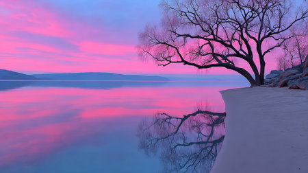 A serene lake reflects a vibrant pink and purple sunrise. A solitary tree stands along the shore, creating a peaceful scene. Soft waves gently lap at the sandy beach.の素材