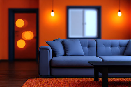 A cozy living room features a blue couch and a black coffee table on an orange rug. The walls are painted orange, with soft lights creating a warm atmosphere at dusk.の素材