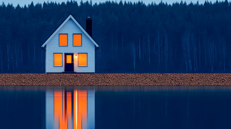 A serene house stands by a still lake, its warm lights glowing softly. Surrounding tall trees create a peaceful atmosphere during twilight.の素材