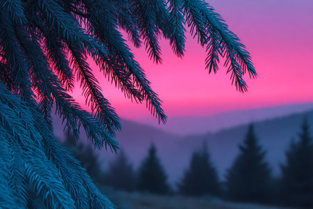 Bright pink and purple hues fill the sky at sunset, contrasting with the dark green of evergreen trees. A peaceful mountain scene evokes calm and tranquility during twilight.の素材