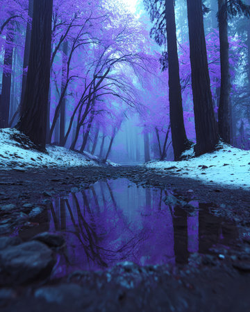 A serene forest scene features tall purple trees lining a foggy path. A puddle on the ground reflects the vivid colors and trees, creating a calm winter atmosphere.の素材