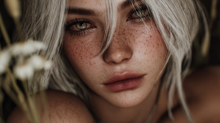 A young woman gazes directly at the viewer with captivating eyes. Her silvery hair falls softly around her face, and she is framed by delicate wildflowers, creating a serene and ethereal atmosphere.の素材
