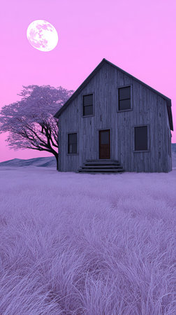 A rustic wooden house stands alone in a grassy field bathed in soft pink light. A full moon shines brightly above, creating a serene atmosphere at night with a nearby tree.の素材