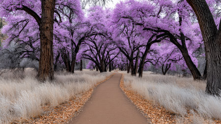 A peaceful pathway is surrounded by blooming purple trees, creating a beautiful scene in a natural setting. Soft grass and fallen leaves add to the tranquil atmosphere.の素材