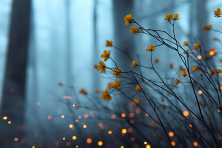 Wildflowers with bright yellow petals grow in a misty forest. The scene captures the enchanting atmosphere of dusk, with soft light glowing among the flowers and trees.の素材