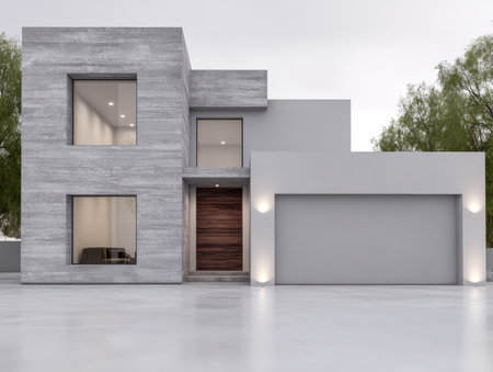This modern house features smooth grey walls, large windows, and a stylish wooden front door. The contemporary design fits well in a tranquil neighborhood under a cloudy sky.の素材