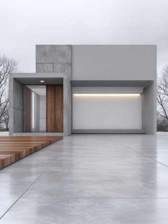 A contemporary building showcases a unique design with concrete and wood elements. It stands in a quiet area, surrounded by bare trees and a smooth pathway leading to the entrance.の素材