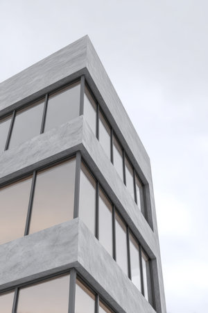 The structure features a sleek design with multiple large windows reflecting the overcast sky. The building's angles highlight modern architecture in a city setting during the day.の素材