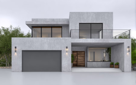 A modern concrete house showcases large windows and a sleek design. Green plants flank the entrance, creating a tranquil atmosphere near the home. Ideal for contemporary living.の素材