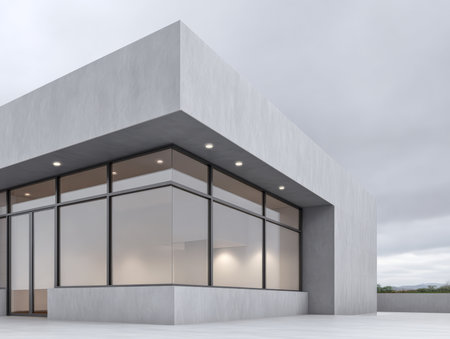 This modern architectural structure features a minimalist design with large glass windows. It stands against a gray sky, highlighting its clean lines and contemporary style.の素材