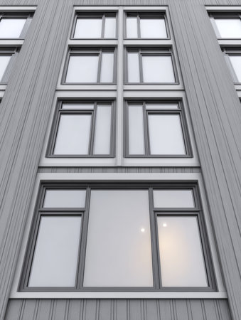 The exterior of a modern building features a series of rectangular windows. The gray panels create a sleek look while warm light glows from inside one window.の素材
