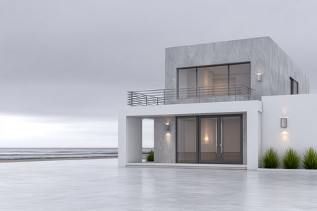 This coastal home features a sleek, minimalist design with large windows that provide stunning views of the ocean. The calm waters and overcast sky create a serene atmosphere at dusk.の素材