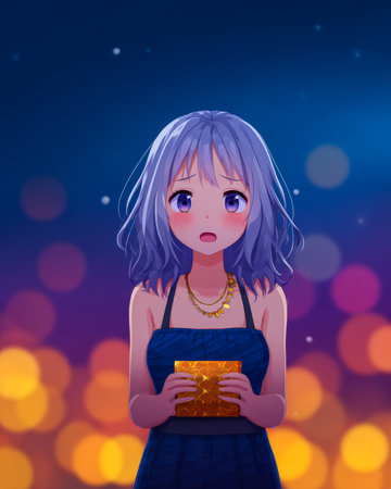 A young woman stands holding a golden gift in her hands, her blue dress contrasting with her purple hair. Surrounded by colorful, glowing lights, she appears surprised and curious about the occasion.の素材