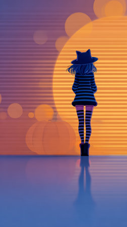 A young girl wearing a striped outfit and a hat stands in silhouette. She gazes towards a large, colorful sunset while vibrant circles brighten the background.の素材