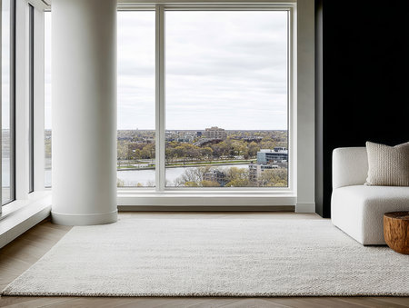 Bright and airy living area features large floor-to-ceiling windows that allow natural light to fill the space. A cozy sofa and wooden table enhance the modern design while offering a river view.の素材