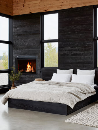 This contemporary bedroom features a comfortable bed, a warm fireplace, and expansive windows that showcase beautiful outdoor scenery. Soft textiles enhance the inviting atmosphere.の素材