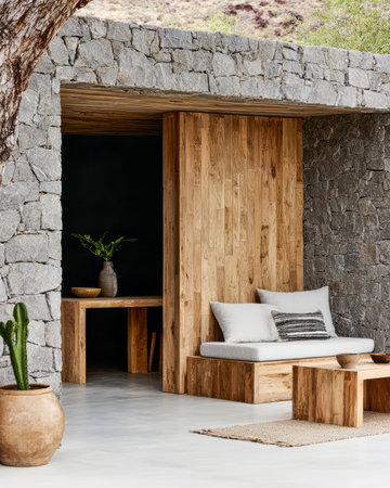 This outdoor space features a wooden seating area and stone walls, blending nature and modern design. A simple table and decor create a calm atmosphere in a quiet setting.の素材