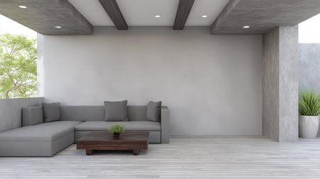 A cozy outdoor area featuring a stylish gray sectional sofa and a low wooden table. The space is illuminated with soft lighting, surrounded by greenery for a peaceful ambiance.の素材