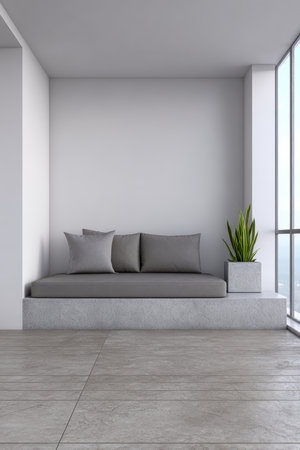 A stylish living room features a gray sofa with cushions, a sleek planter with greenery, and large windows that let in natural light. The space looks open and welcoming.の素材