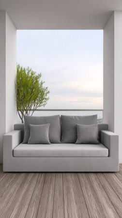 A cozy gray sofa with soft cushions sits in a spacious room, framed by large windows offering a serene view of greenery and water at dusk.の素材