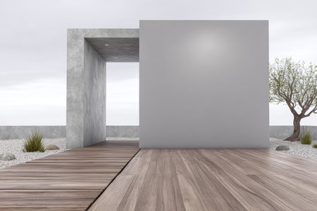 A minimalist structure stands in an open space with wood decking and gravel. Surrounding greenery adds a touch of nature to the modern architecture, creating a peaceful atmosphere.の素材