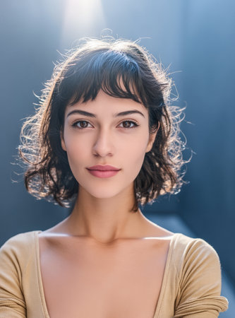 A young woman stands with confidence, her curly hair framing her face. Soft natural light illuminates her features in a contemporary indoor space. She exudes a calm and relaxed vibe.の素材