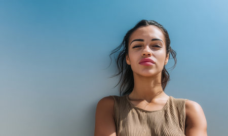 A young woman stands with a relaxed posture, gazing forward with confidence. The backdrop is a vibrant blue sky, suggesting a sunny day. Her casual outfit complements the serene atmosphere.の素材