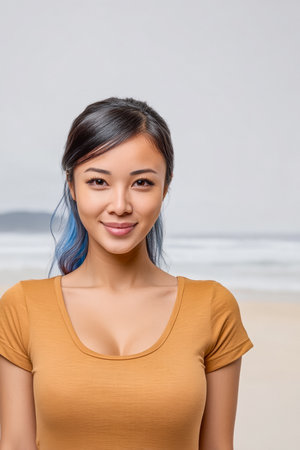 A young woman stands on the beach, smiling warmly towards the camera. The ocean waves gently crash behind her, and the sun shines brightly, creating a cheerful atmosphere.の素材