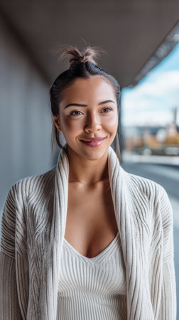 A cheerful young woman stands in a contemporary urban environment, showcasing a warm smile and relaxed demeanor. Soft light highlights her features against a blurred city background.の素材