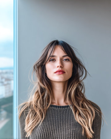 A woman with long, wavy hair stands confidently indoors, facing the camera with a serene expression. Natural light fills the room, showcasing her features beautifully.の素材