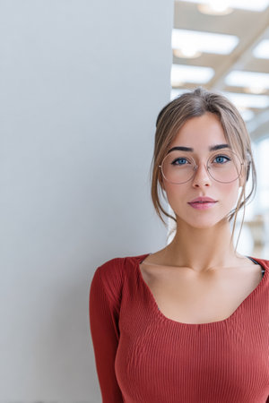 A young woman stands confidently in a well-lit indoor area. She wears stylish glasses and a form-fitting red top, showcasing her natural beauty and poise.の素材