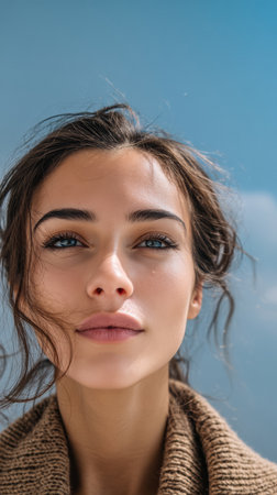 A young woman gazes toward the camera with a gentle smile. Her hair is softly tousled by a light breeze, contrasting beautifully with the clear blue sky above.の素材