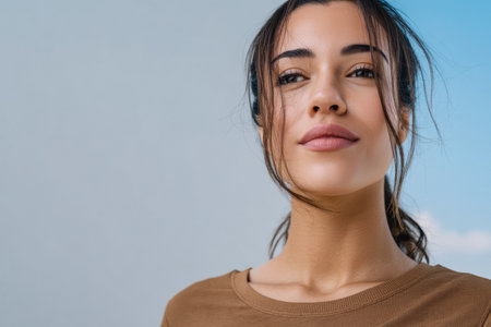 A young woman enjoys a calm moment outdoors, with her hair gently blowing in the breeze. She exudes a sense of confidence and tranquility under the blue sky.の素材