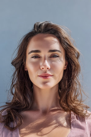 A woman with long, flowing hair stands confidently, displaying a calm expression. The soft light illuminates her face, creating a warm and inviting atmosphere.の素材