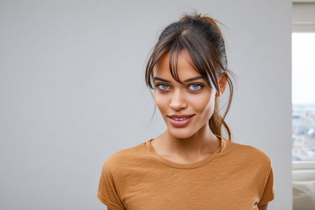 A young woman with striking blue eyes and long hair stands in a bright, minimalistic room. She wears a simple brown shirt and smiles warmly, creating an inviting atmosphere.の素材