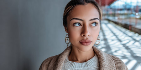 A young woman stands in an urban environment, lost in thought. Natural light creates unique shadows on the ground around her, adding to the atmosphere of the moment.の素材