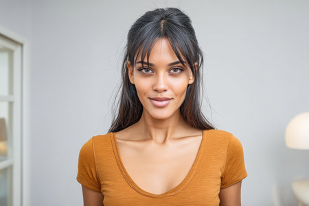 A young woman stands in a well-lit indoor area, smiling gently. Her brown top and relaxed posture convey warmth and confidence in a serene environment.の素材