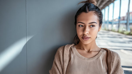 A young woman is leaning against a wall in a modern urban area. She has a relaxed expression as sunlight filters through, casting gentle shadows. The setting feels peaceful and reflective.の素材