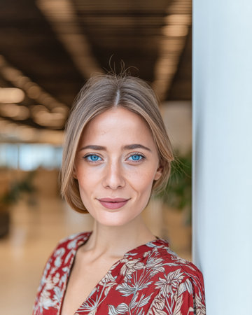 A woman with beautiful blue eyes and a stylish bob hairstyle stands near a white column. She wears a floral-patterned dress and smiles warmly in a contemporary office atmosphere.の素材