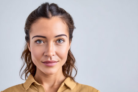 A young woman appears in the foreground with brown hair and blue eyes. She smiles softly, revealing her natural beauty against a plain, neutral background.の素材