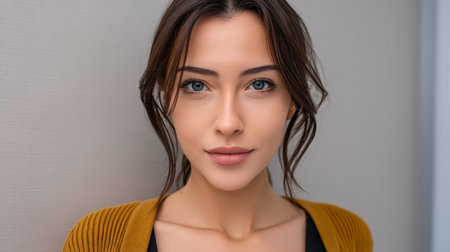 A young woman with long, dark hair poses in a simple indoor setting. She has a warm smile, exuding confidence and charm, creating a captivating scene of modern beauty.の素材