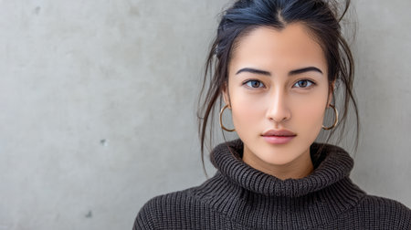 A young woman stands confidently with a relaxed expression in front of a gray wall. She wears a dark sweater and hoop earrings, showcasing her natural features in soft light.の素材