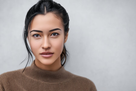 A young woman poses confidently with a soft expression, showcasing her natural beauty.の素材