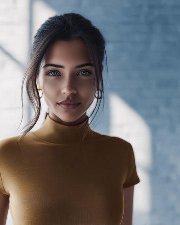 A young woman stands confidently in a softly lit room. Light streams through a window, highlighting her features and the simplicity of her outfit.の素材