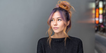A young woman stands in front of a smooth gray surface, showcasing her trendy hairstyle and modern outfit. The city atmosphere is lively and vibrant, with colorful lights in the background.の素材