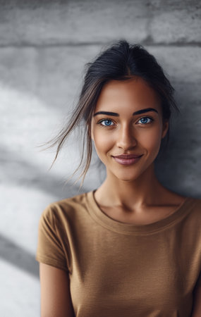 A young woman with captivating blue eyes stands confidently, smiling softly as she leans against a gray wall. Sunlight highlights her features, enhancing the warm atmosphere.の素材