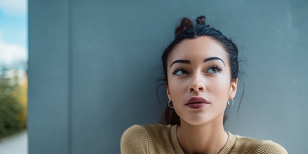 A young woman with long dark hair and striking green eyes pauses to think while leaning against a gray wall. The sunlight highlights her features, creating a serene atmosphere outdoors.の素材