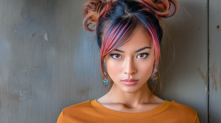 A young woman stands confidently with colorful hair styled in two buns, wearing a casual top. Her vibrant earrings complement her look, set against a simple, rustic backdrop.の素材