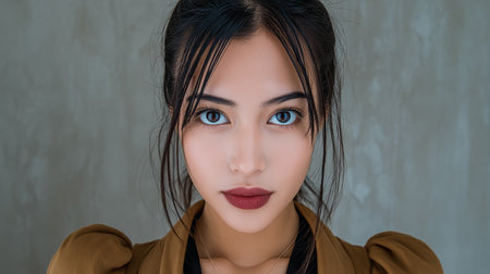 A young woman poses confidently with captivating eyes and a bold lip color. She wears a stylish outfit that enhances her natural beauty. The neutral background highlights her features.の素材