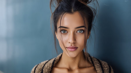 A young woman with beautiful features gazes confidently at the camera, showcasing her vibrant eyes and natural beauty in a warm, inviting indoor space.の素材